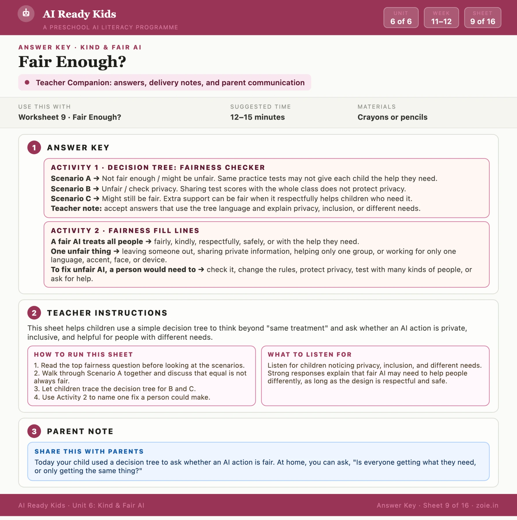 AI Ready Kids answer key and teacher guidance sample